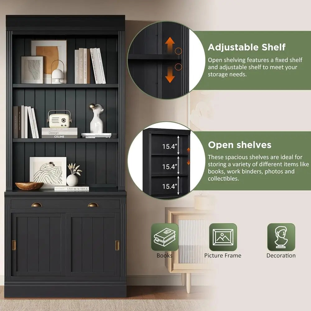 83.4 High Black Led-Lit Bookshelf, 2 Modern Wood Bookcases with Sliding Doors, Storage Shelves for Living Room & Home Office (Bl