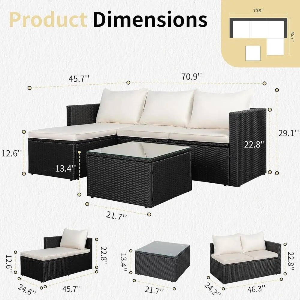 4-Piece Outdoor Patio Furniture Set with 43 Propane Gas Fire Pit Table, Wicker Sectional Sofa for Backyard, Poolside, Garden (Be