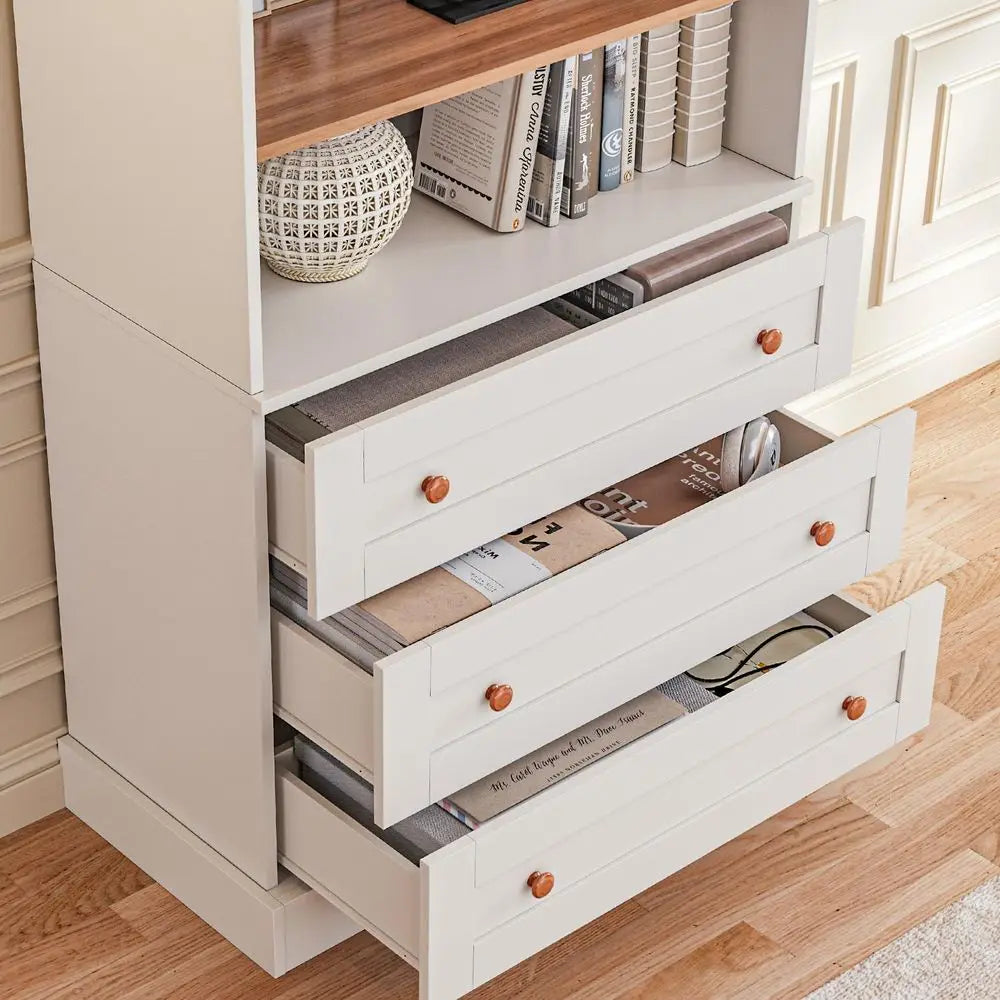 71 High Glass-Door Tall Bookcase, 3-Piece Set, Adjustable Shelves, Ideal for Living Room or Kitchen, White