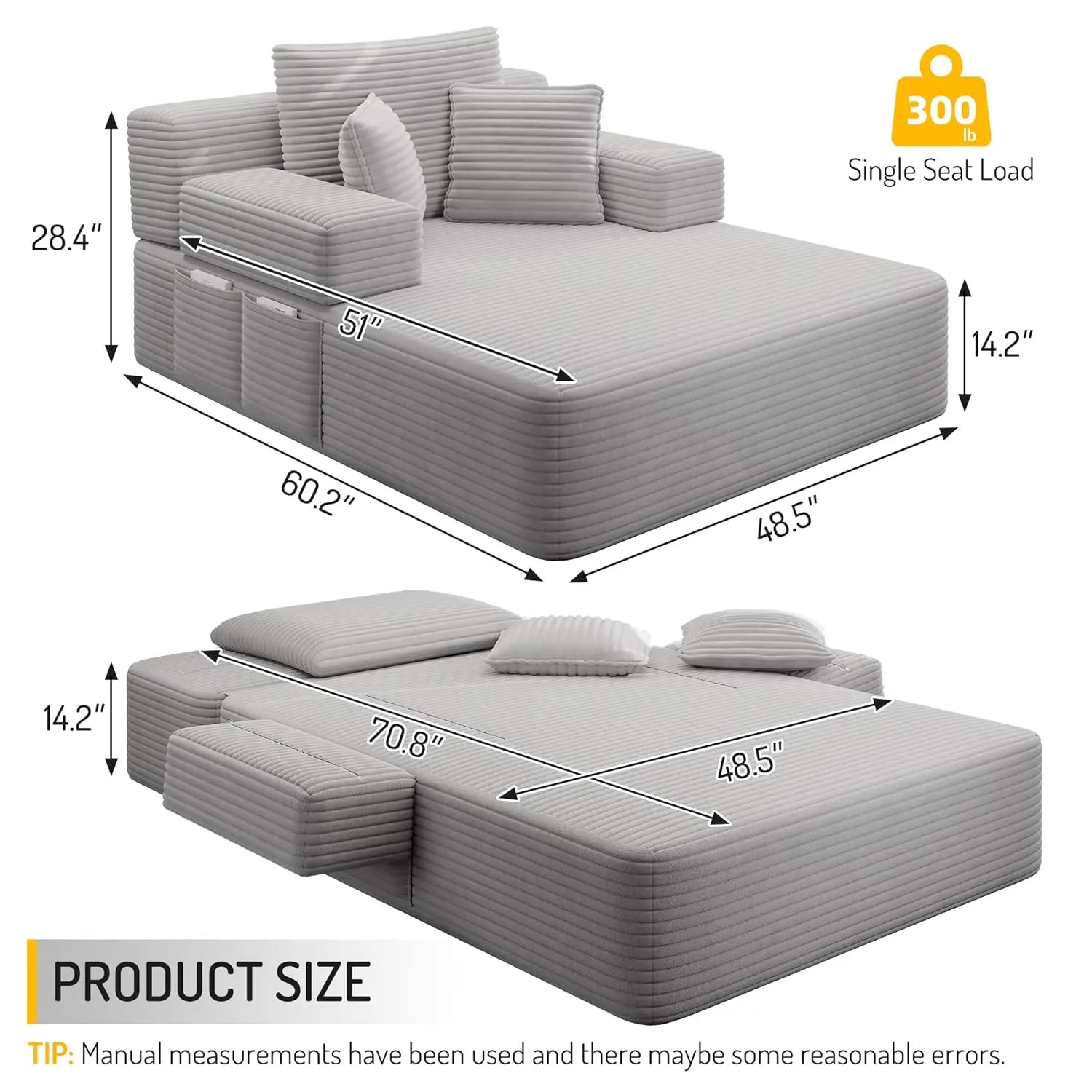 48.5” Chaise Lounge Chair Indoor, Corduroy Fabric Chair with Convertible Armrest and Backrest, Upholstered Cozy, Customized