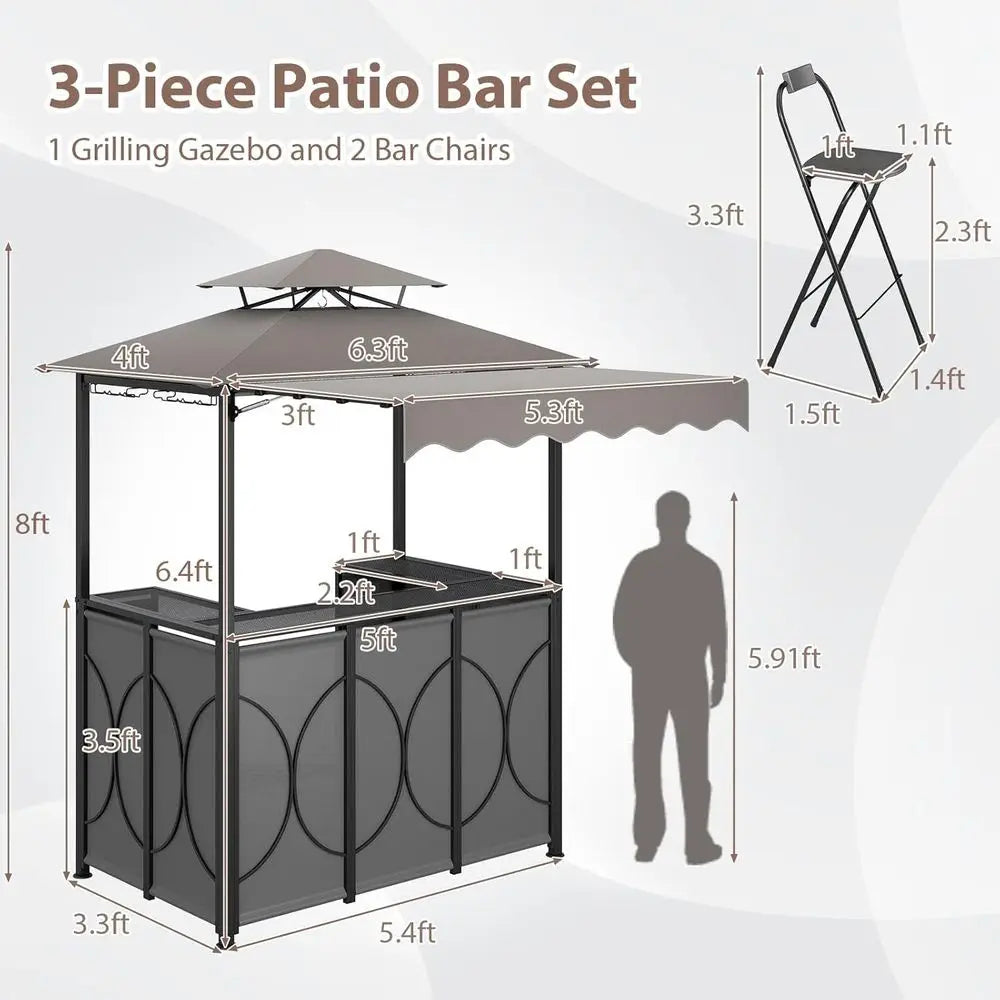 Gray 3-Piece Patio Bar Set with Grill Gazebo, Folding Bar Stools, Awning, Metal Shelves, and Drink Holders