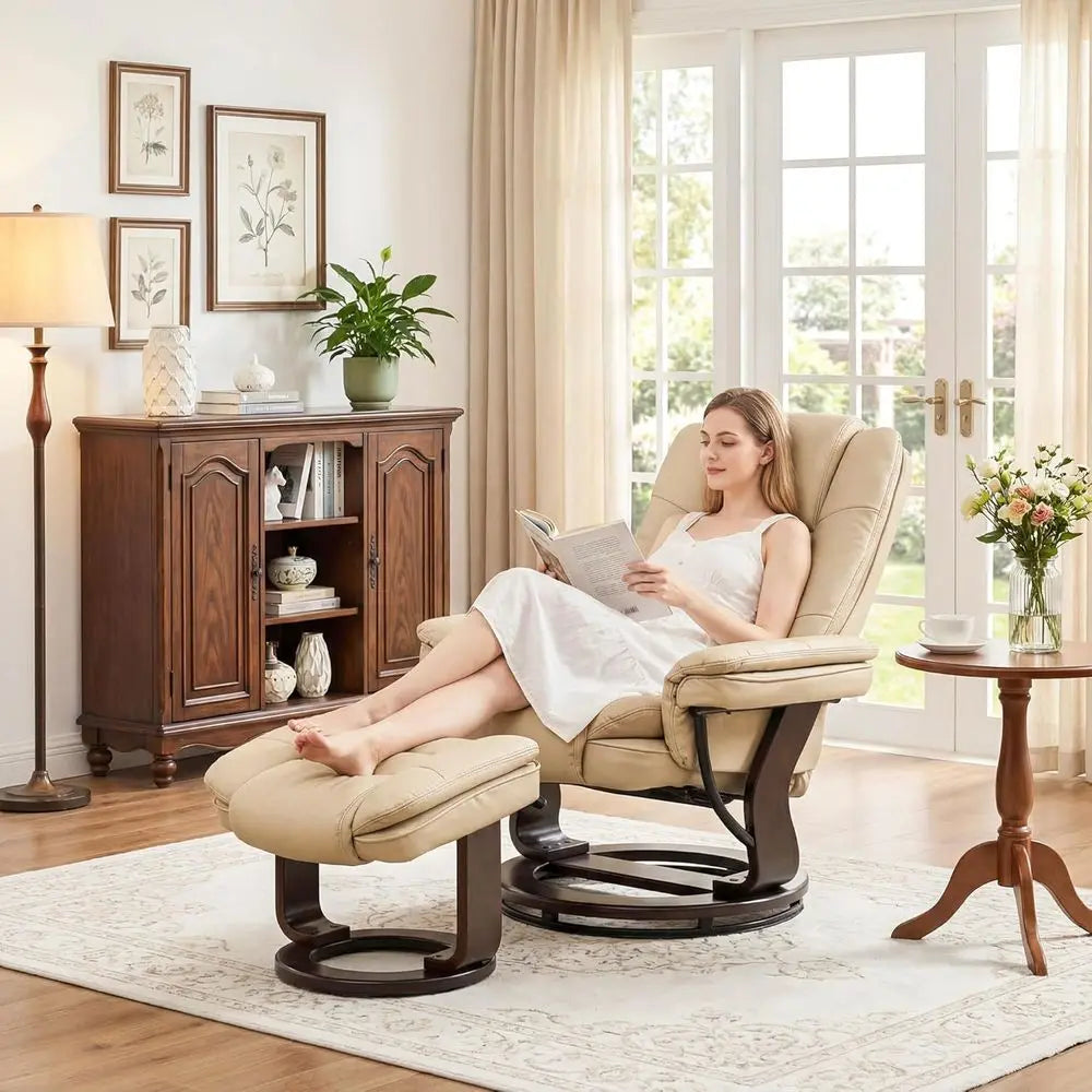 Swivel Recliner Chair with Ottoman, Beige PU Leather – 360° Reclining Lounge Chair