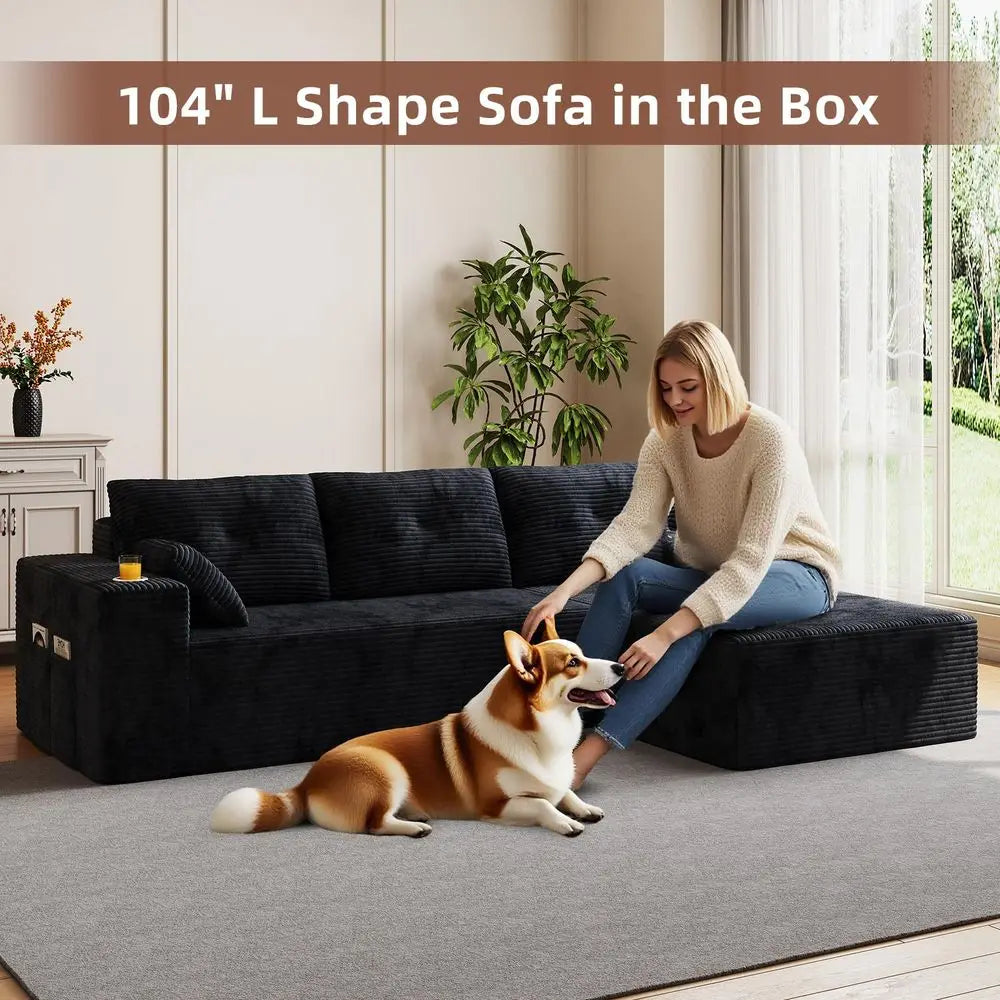 Boneless Couches for Living Room, Modular Sectional Sofa with Oversized Chaise, Lshape Cloud Couch with Deep Seat Black, Right