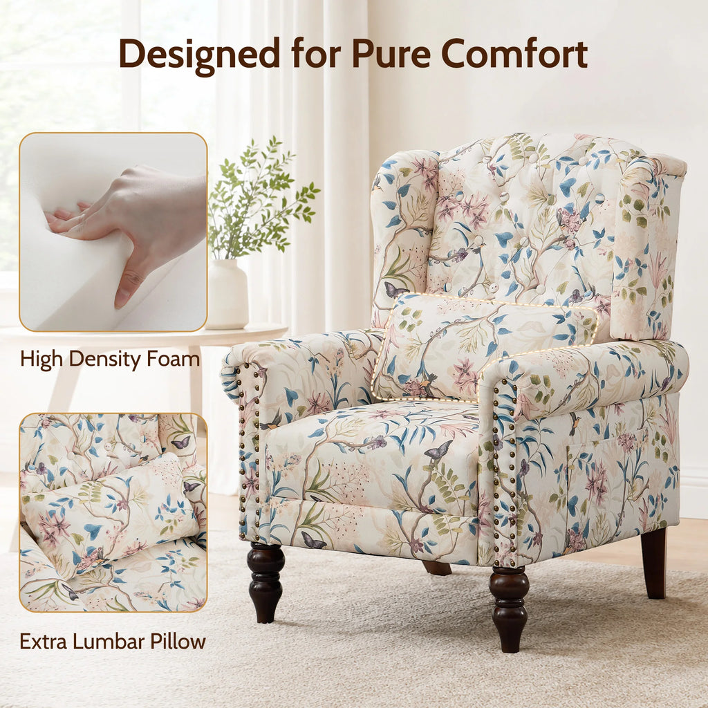 Vintage Floral Wingback Club Accent Chair with Arms Mid-Century Modern Armchair Fabric Upholstered Mid Back Single Sofa Chair for Home