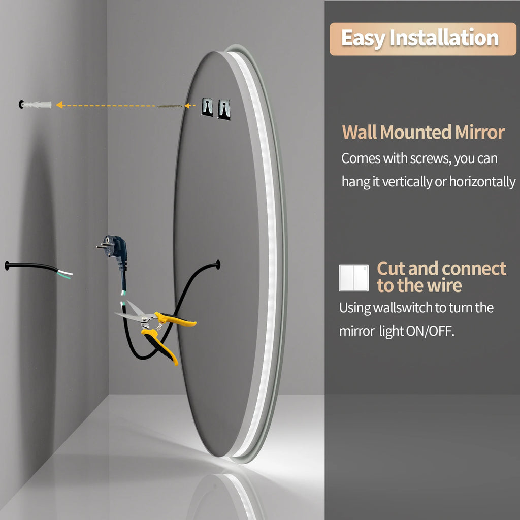600Mm LED round Wall Mounted Vanity Mirror with Demister Pad Smart Touch Sensor Memory Function Backlit Front Lighted 3 Colors
