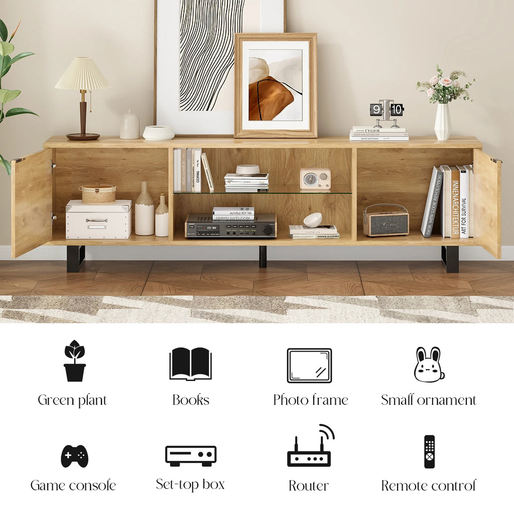 Modern TV Stand for up to 75" TV, Adjustable Glass Shelves, Wood Top & Metal Legs, Entertainment Center for Living Room