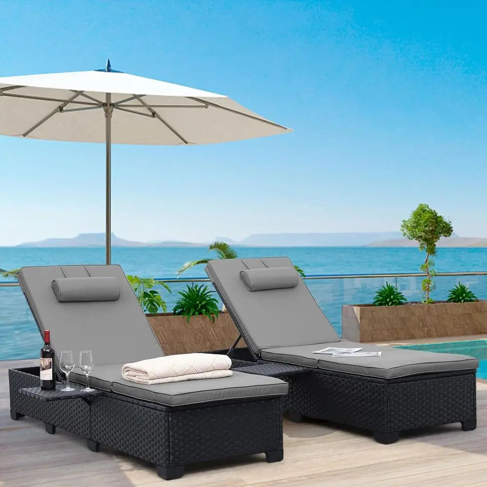 2-Piece Outdoor Patio Recliner Lounge Chair Set with Adjustable Backrests & Grey Cushions