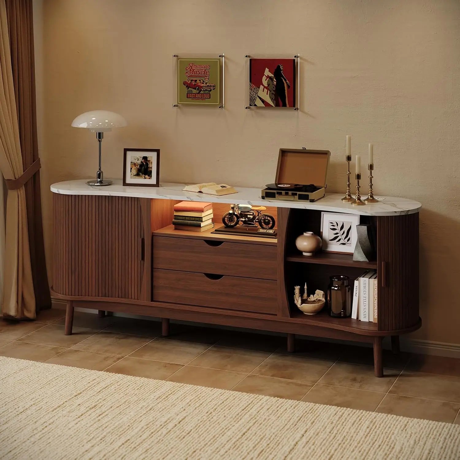 70-Inch Fluted TV Stand Entertainment Center for Tvs up to 80", Mid-Century Modern Bean-Shaped Console with Usb/Outlet, LED Lights & Storage - for Living Room, Bedroom (Black/Walnut)