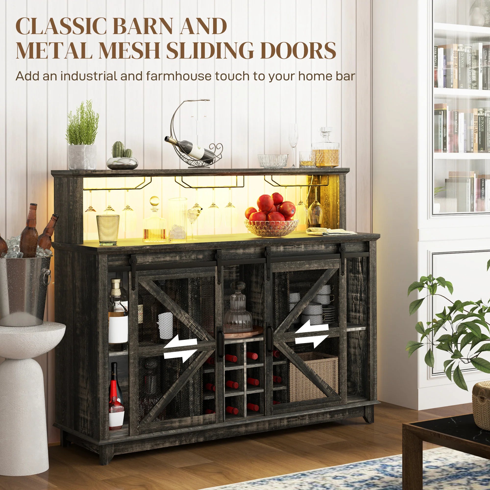 HOMCOM Farmhouse Coffee Bar Cabinet with Smart App Control LED Lights, 55" Wine Bar Cabinet with 12-Bottle Rack, Glass Holder, Kitchen Sideboard Buffet with Sliding Mesh Doors, Distressed Dark Brown
