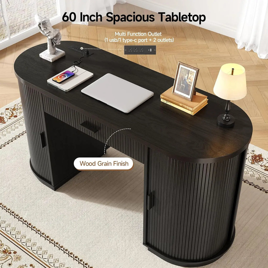58 Inch Fluted Executive Computer Desk with Drawers & Charging Station - Mid Century Modern Storage Desk for Home Office, Living Room, Bedroom - Free Shipping - Black