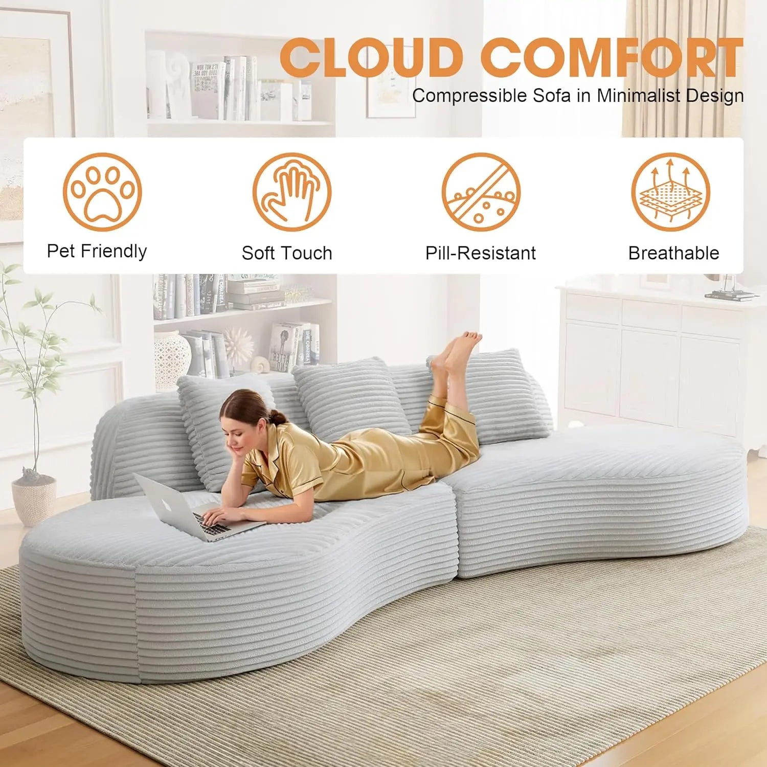 123'' Oversized Sectional Sofa for Living Room, Boneless Curved Sectional Sofa, Spines in Open-Plan Loft,, Customized