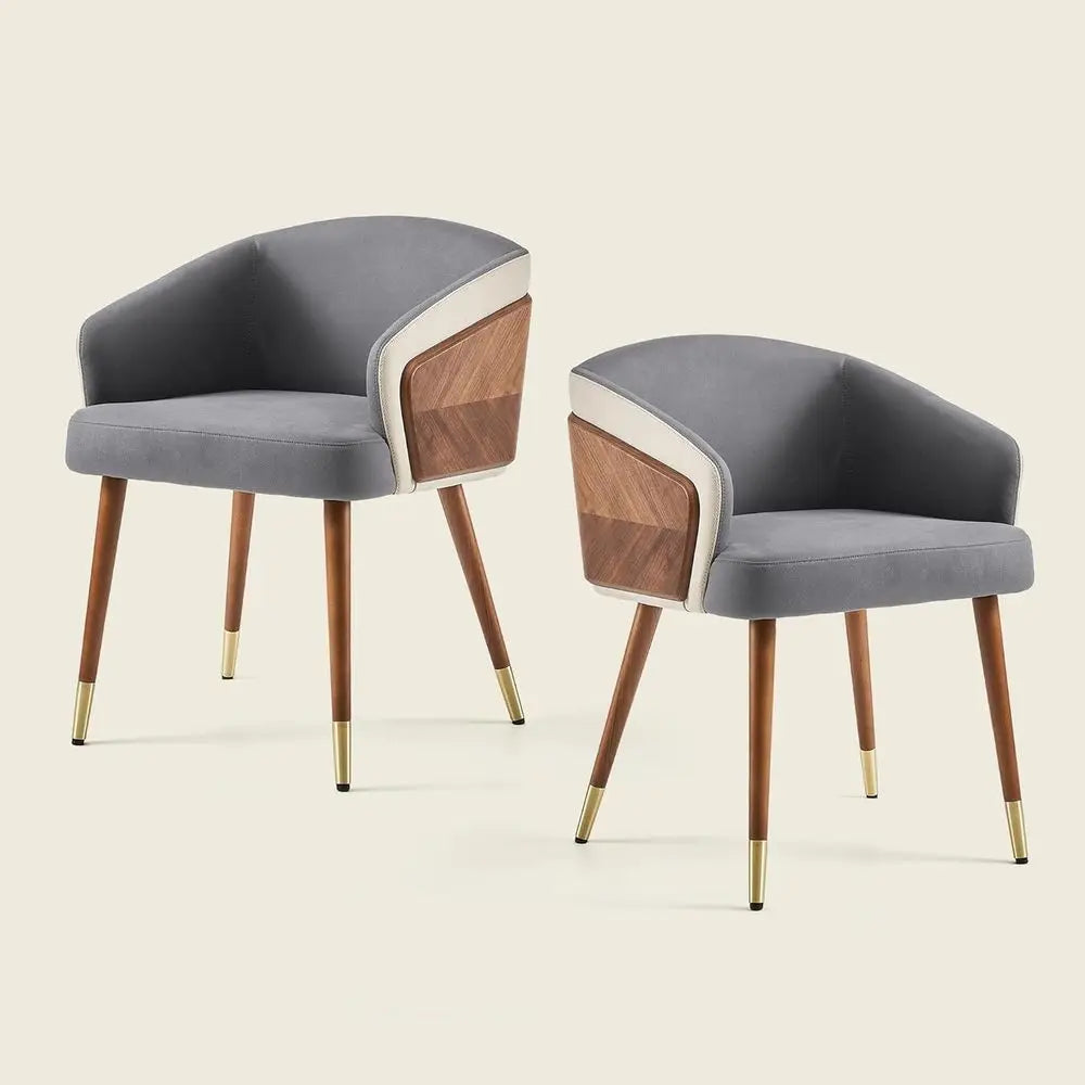 Mid-Century Modern Leather Accent Chairs Set of 2, Walnut Legs, Grey, Adjustable Seat