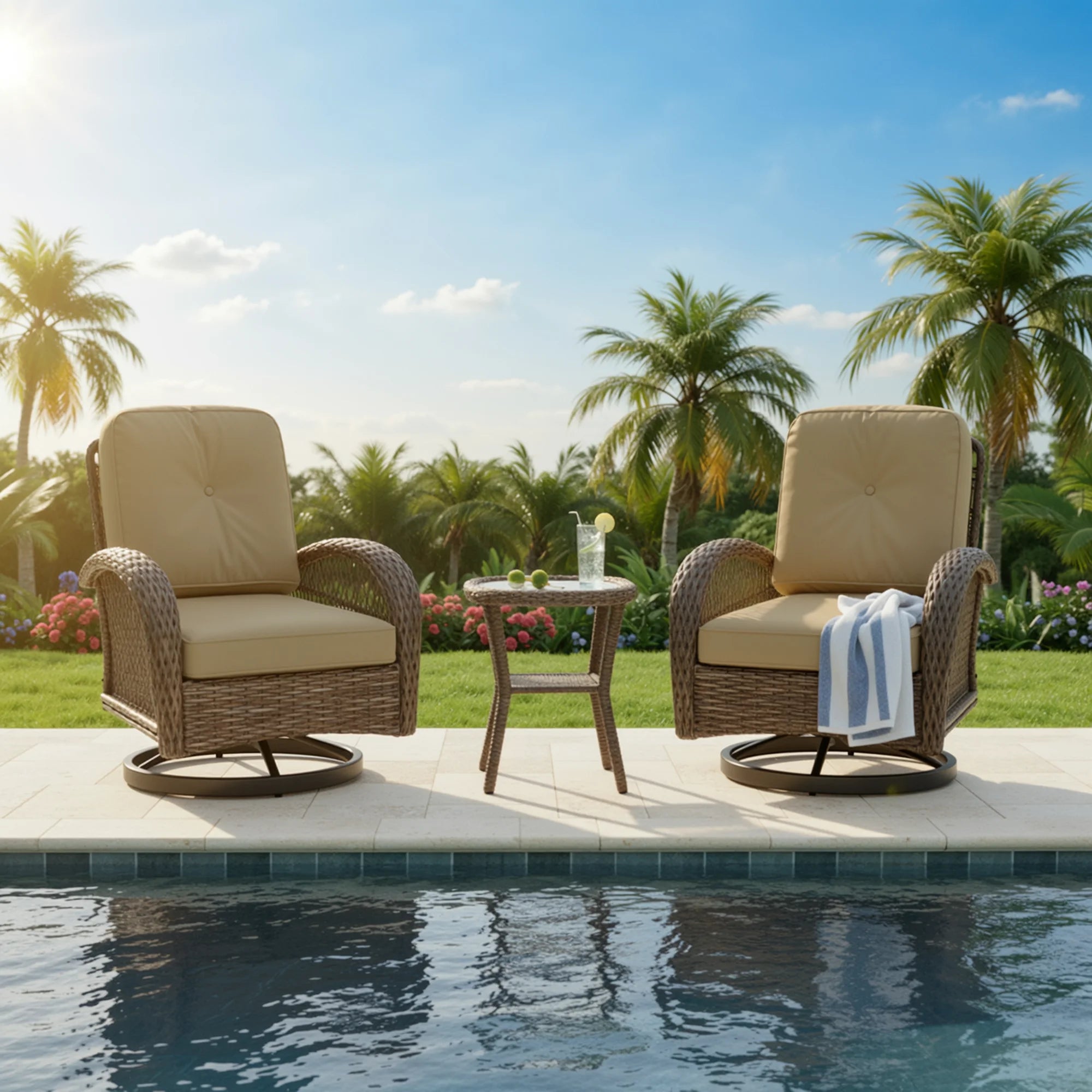 HOOMIC 3-Piece Patio Furniture Set, Outdoor Bistro Set, Rotating Rocking Chairs with Padded Cushions, Modern Conversation Set
