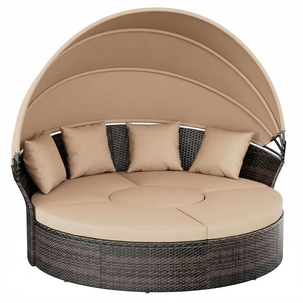 Patio Daybed with Retractable Canopy, Wicker Rattan Sectional round Sofa Furniture Set, 5 Pieces Seating Separates Cushioned Se