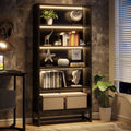 Tall Black Bookcase, 70.8 Inch Large LED Light Bookcase, 5 Tier Free Standing Storage Bookshelf for Living Room