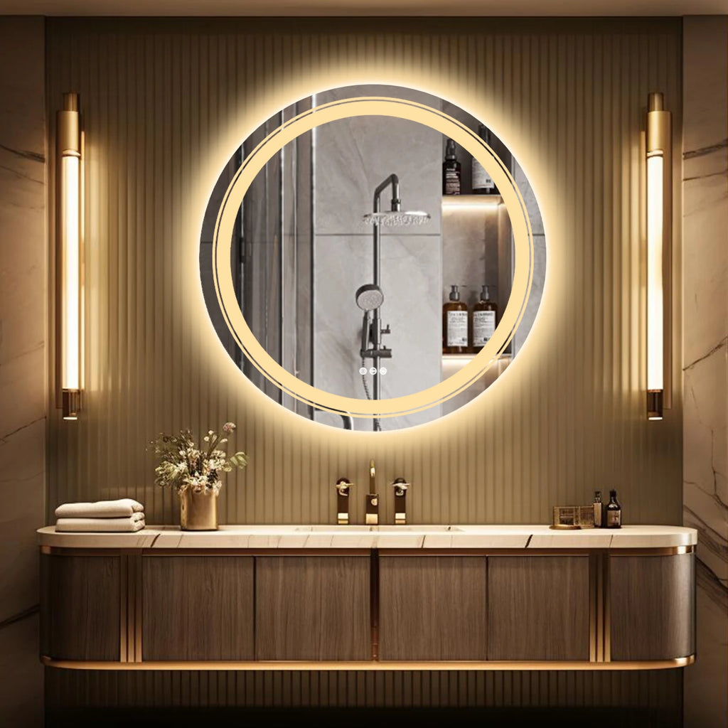 600Mm LED round Wall Mounted Vanity Mirror with Demister Pad Smart Touch Sensor Memory Function Backlit Front Lighted 3 Colors