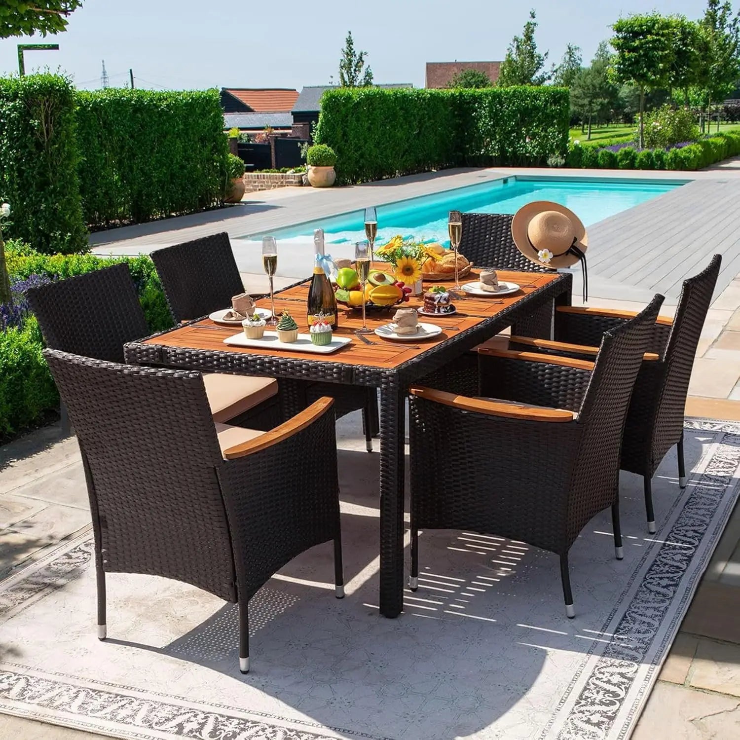 Dining 7 PCS Furniture, Patio Conversation Set with Acacia Wood Table Top, Outdoor, Beige Cushion and Black Rattan, Customized