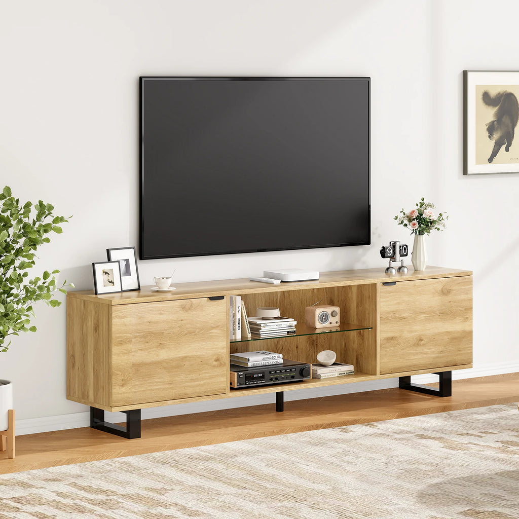Modern TV Stand for up to 75" TV, Adjustable Glass Shelves, Wood Top & Metal Legs, Entertainment Center for Living Room