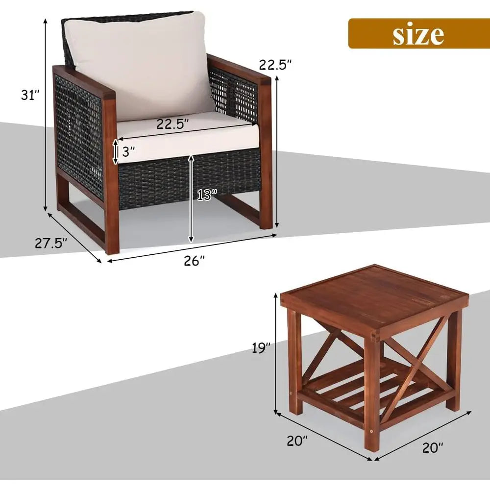 3-Piece Outdoor Wicker Sofa Set with Washable Cushions and Acacia Wood Coffee Table, Suitable for Bistro, Garden, or Balcony (Be