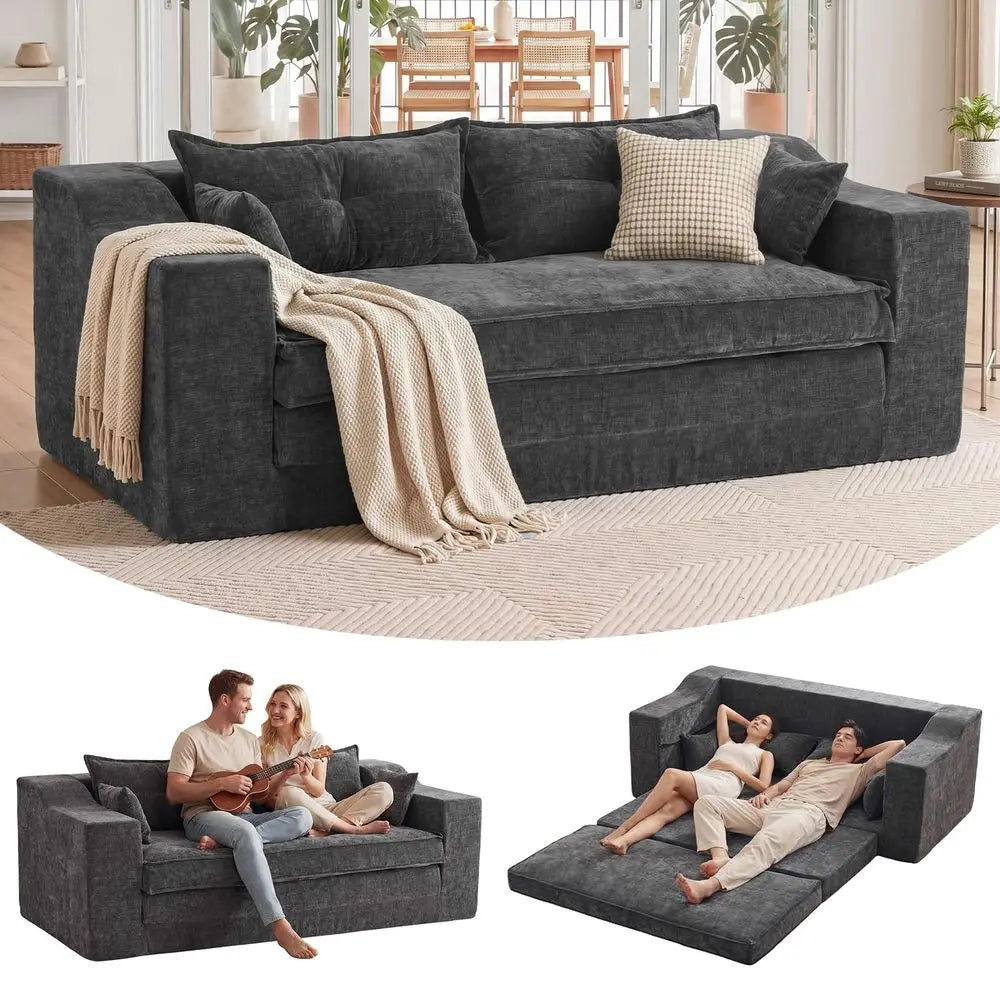 70 Oversized Loveseat Sofa Couch, 3 in 1 Boneless Couch with 4 Pillows, Convertible Sofa Bed Pull Out Couch for Living Room Apa