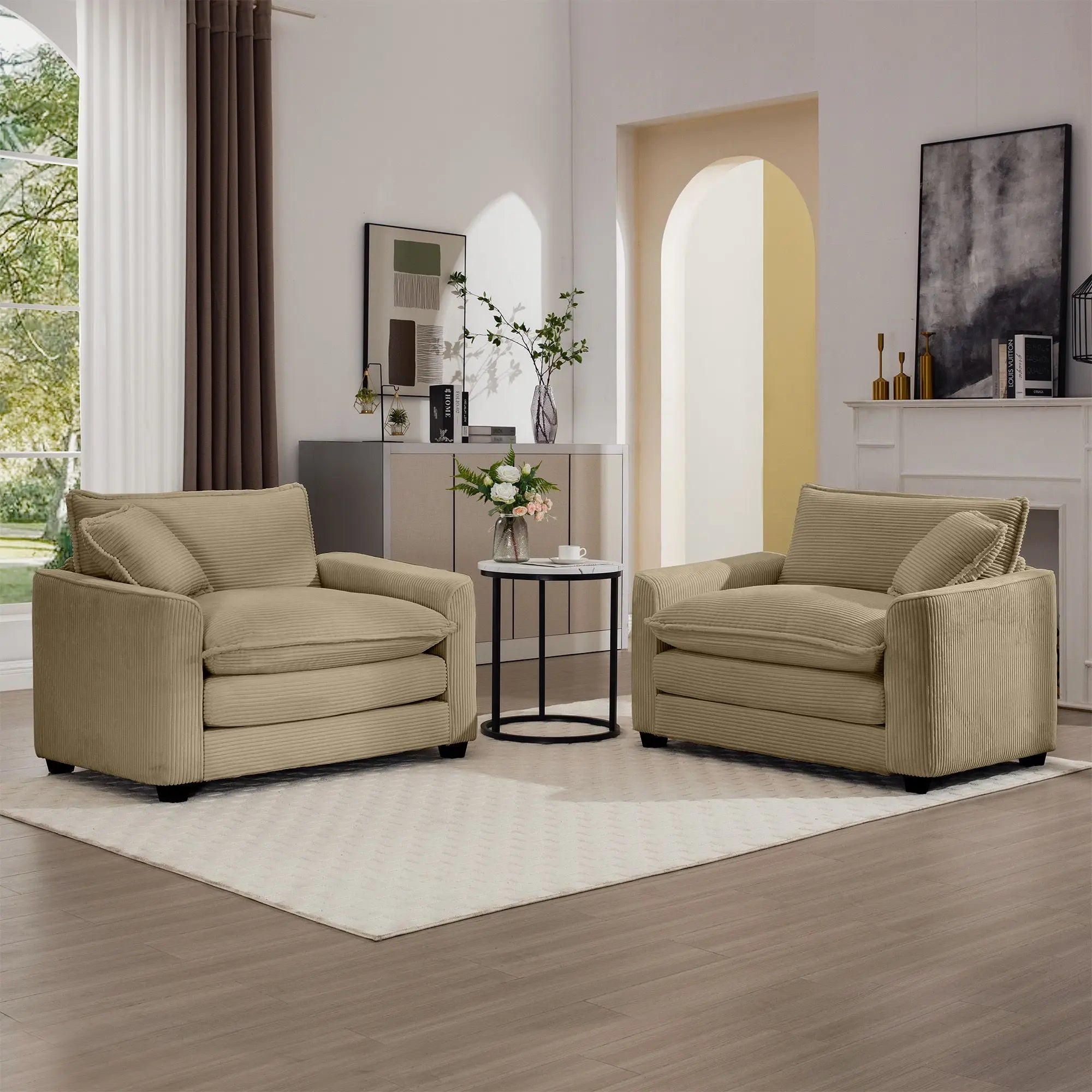 Luxurious Tan Corduroy Deep-Seated Sofa Set with Two Single Chairs for Living Room, Bedroom & Office