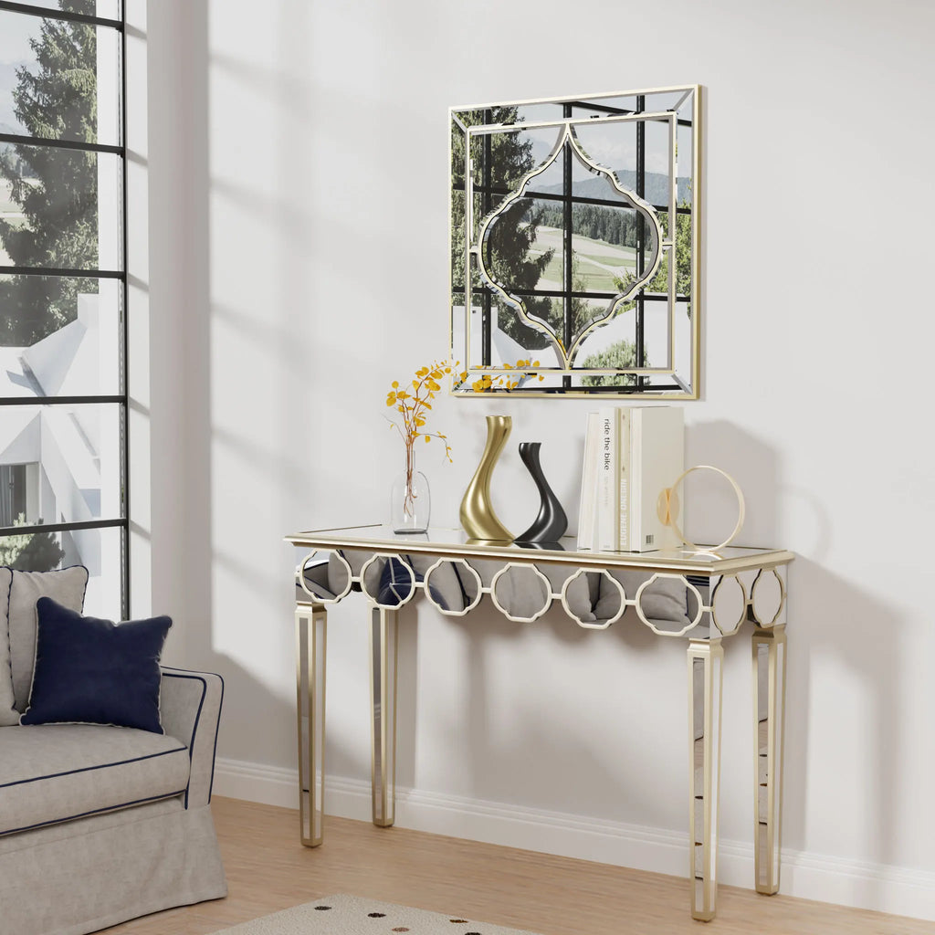 Mirrored Console Table:Modern Rectangular Silver Mirrored Entryway Table with Gold Rim Decorative Sofa Table 4 Legs for Hallway