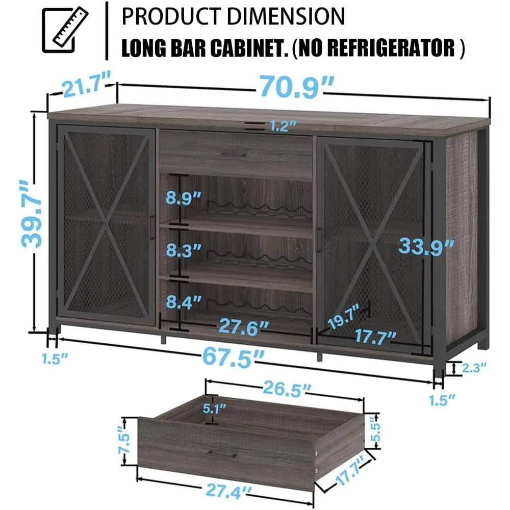 70 Inch Rustic Wood and Metal Large Wine Cabinet with Storage for Kitchen Dining Room