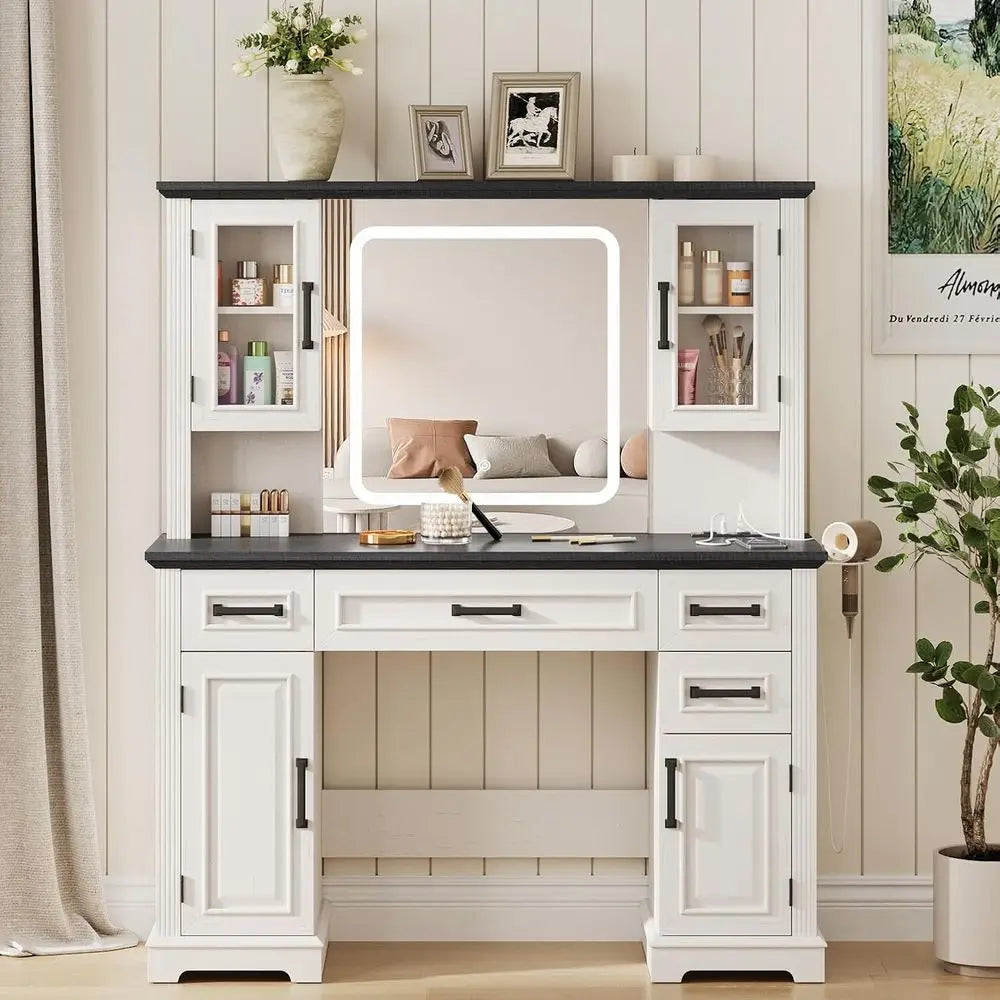 45-Inch White Makeup Vanity Desk with Mirror – LED Lights, Charging Station, Drawers & Cabinet Storage
