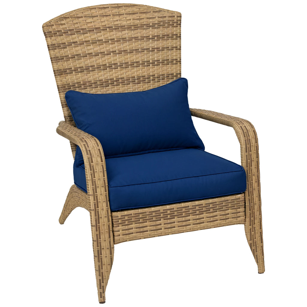 Patio Adirondack Chair with All-Weather Rattan Wicker, Soft Cushions, Tall Curved Backrest for Deck or Garden, Dark Blue