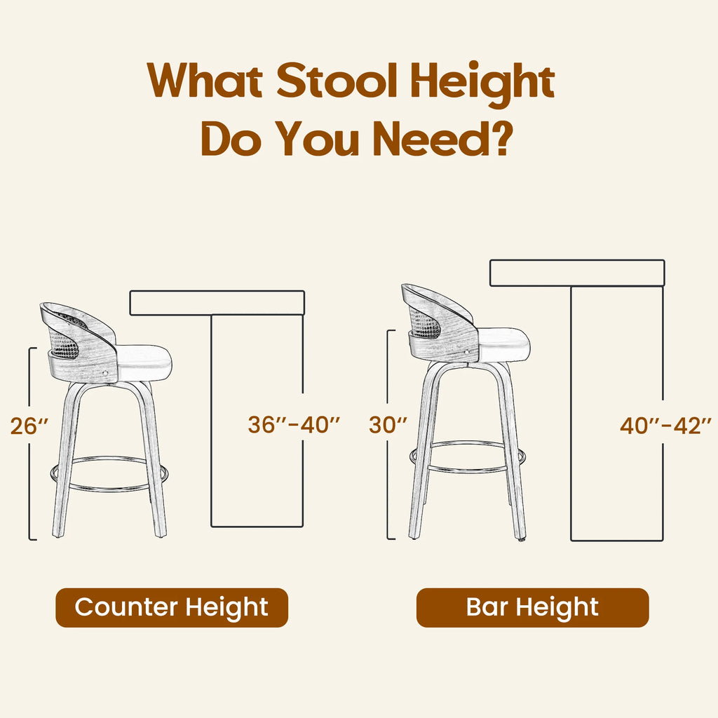 Set of 2 Swivel Bar Stools, Modern Wood Frame with Rattan Back, PU Leather Seat for Kitchen Counter, Bar Table