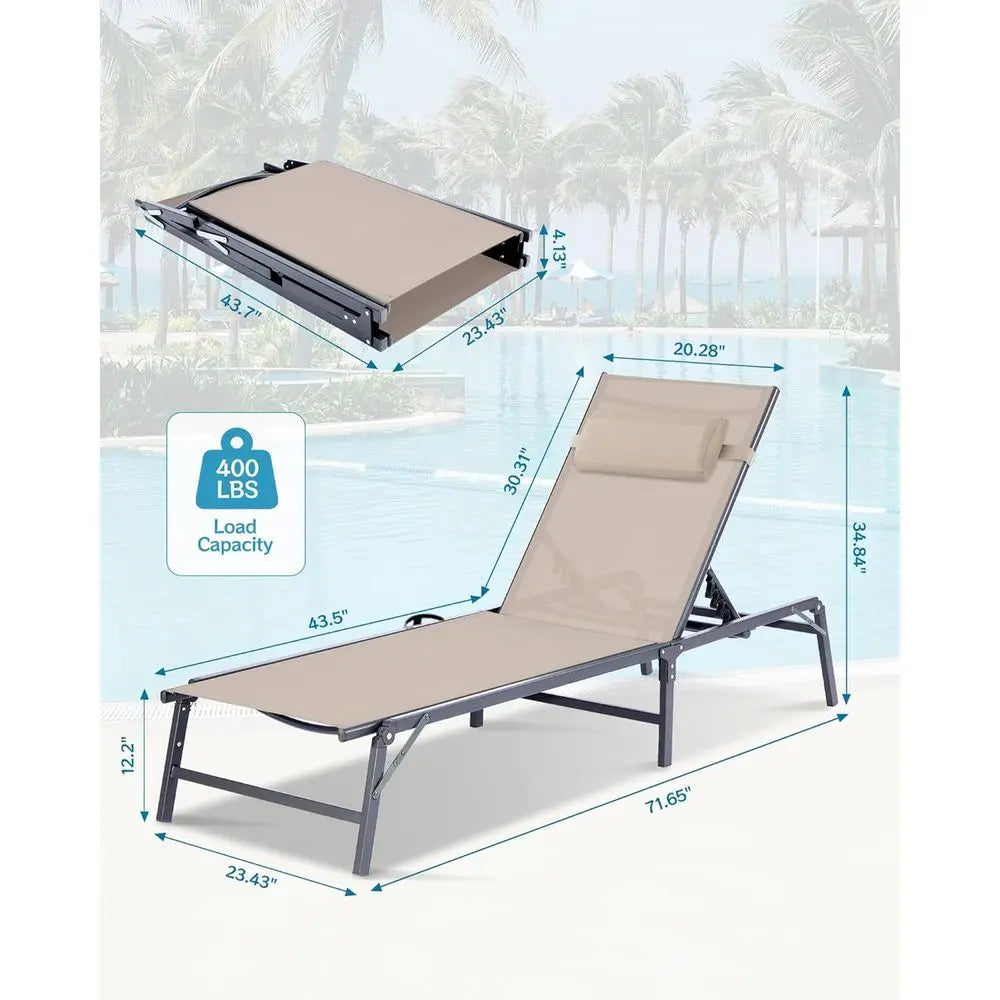 2-Pack Collapsible Outdoor Chaise Lounge Chairs with Cup Holder, Adjustable Backrest & Detachable Pillow – Khaki