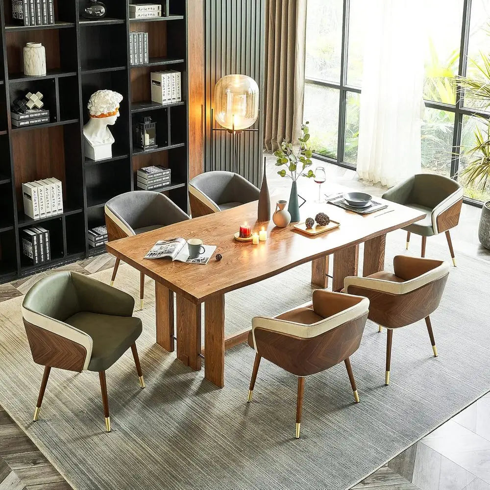 Mid-Century Modern Leather Accent Chairs Set of 2, Walnut Legs, Grey, Adjustable Seat
