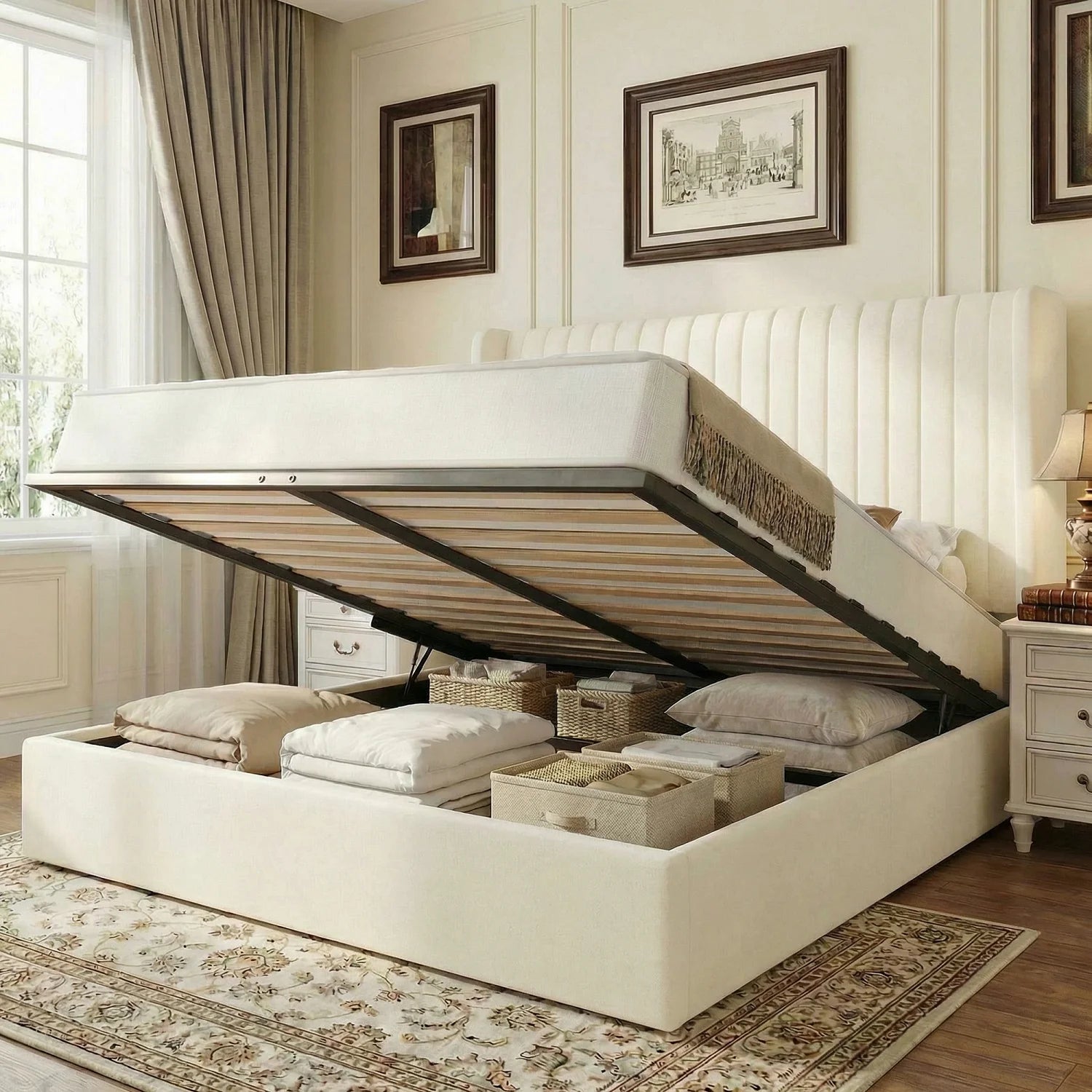 Full/Queen/King Lift up Storage Bed Frame, Hydraulic Support System, Upholstered Platform Bed Frame, underneath Storage,