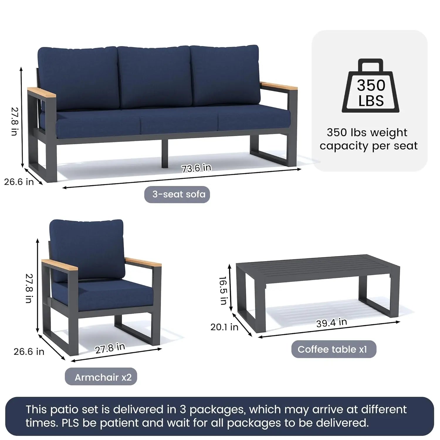 Aluminum Patio Furniture Set, 4 Piece Outdoor Conversation Sets with Coffee Table and Washable Thick Cushions, All, Customized