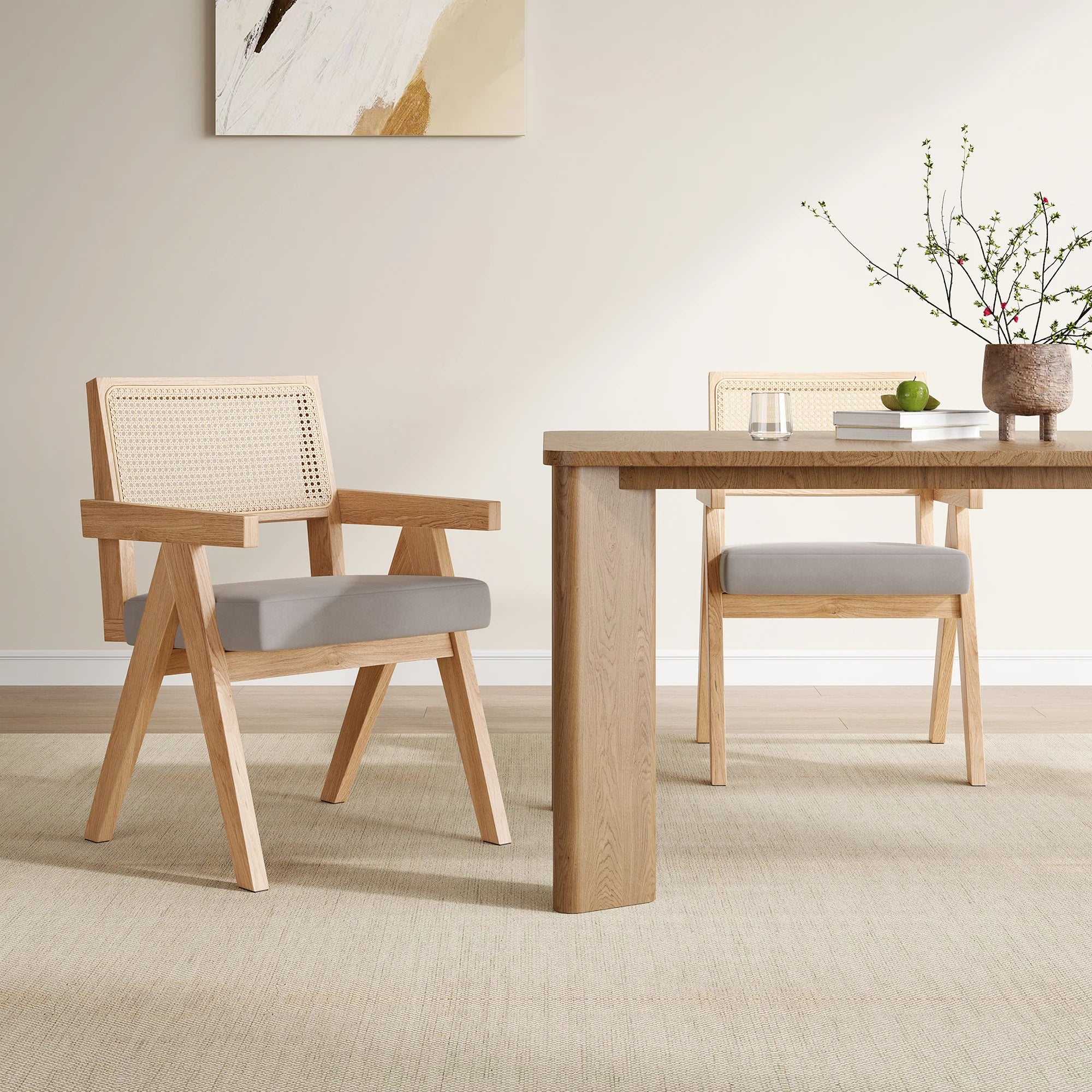 Set of 2 Mid-Century Rattan Dining Chair, Solid Ash Wood Frame, Woven Rattan Back, High-Resilience Foam, Non-Slip Pads