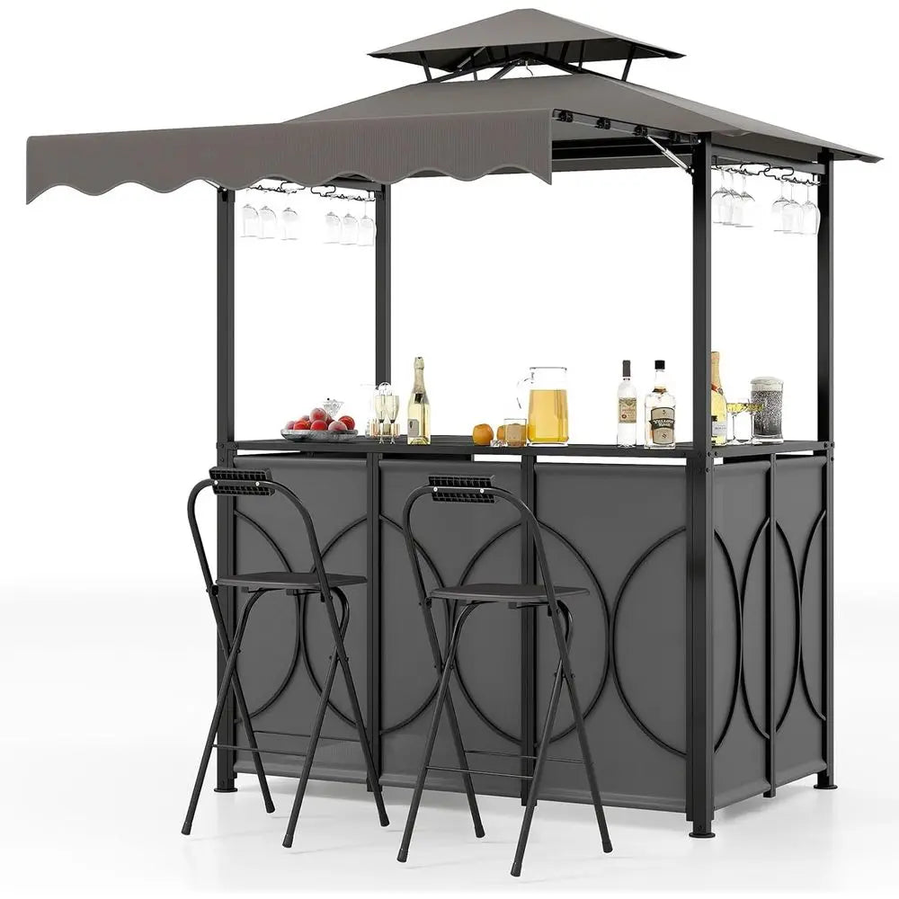 Gray 3-Piece Patio Bar Set with Grill Gazebo, Folding Bar Stools, Awning, Metal Shelves, and Drink Holders