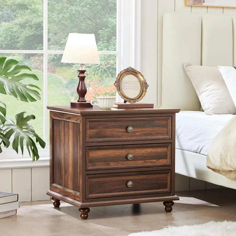2-Piece Brown Wood Nightstand Set with Drawers – Wide Farmhouse End Tables with Metal Handles for Bedroom & Living Room
