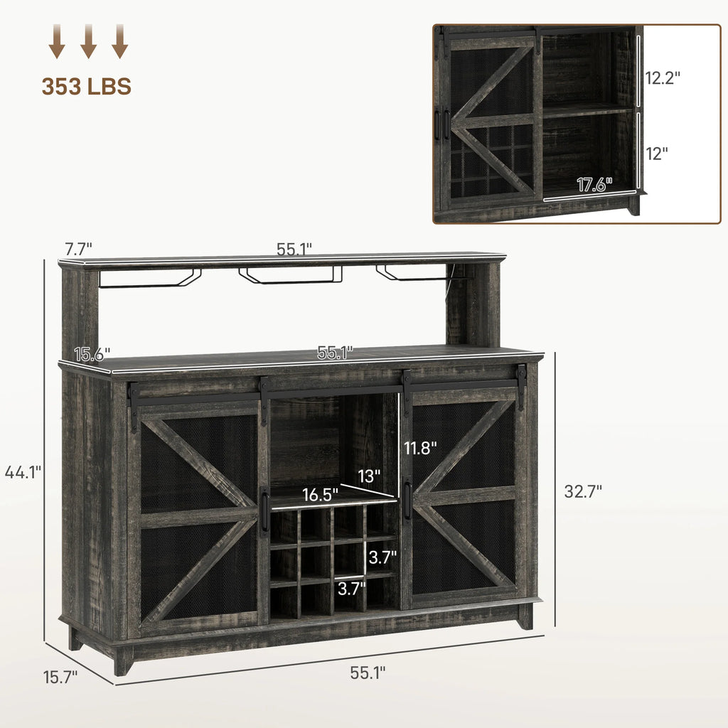 HOMCOM Farmhouse Coffee Bar Cabinet with Smart App Control LED Lights, 55" Wine Bar Cabinet with 12-Bottle Rack, Glass Holder, Kitchen Sideboard Buffet with Sliding Mesh Doors, Distressed Dark Brown