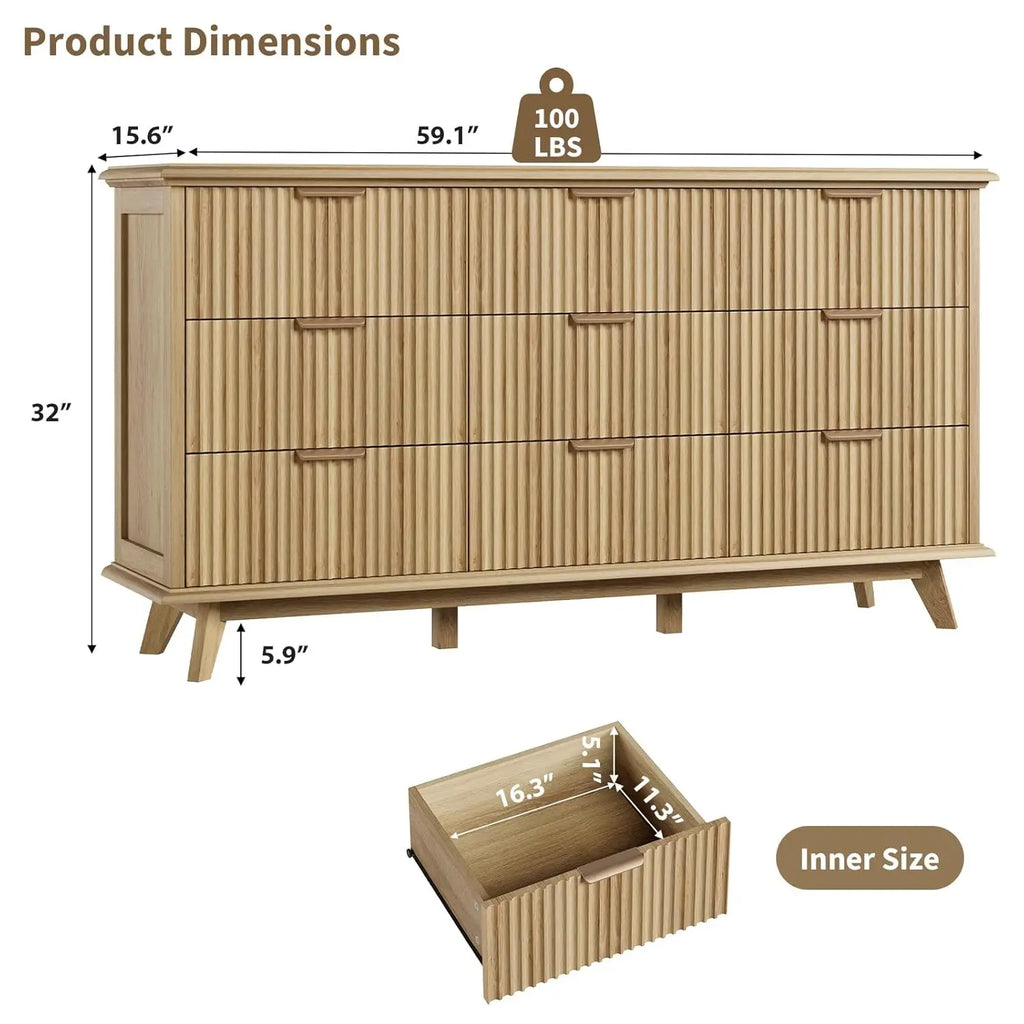Fluted 9 Drawers Dresser, 59.1" Wide Modern Chest of Drawers with Metal Handle, Large Dresser TV Stand, Wood Drawer, Customized