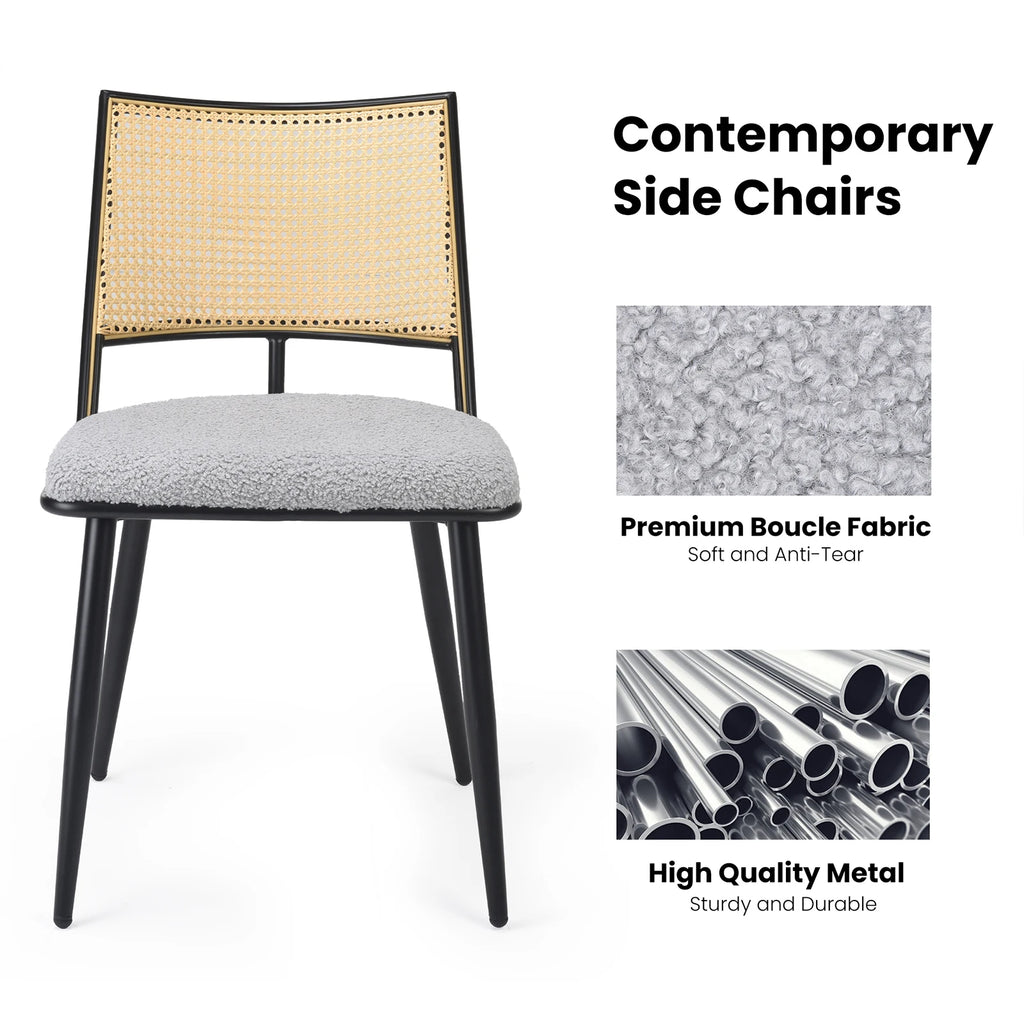 Set of 2 Modern Rattan Dining Chairs, Upholstered Seat & Black Steel Frame, Ideal for Kitchen, Dining Room