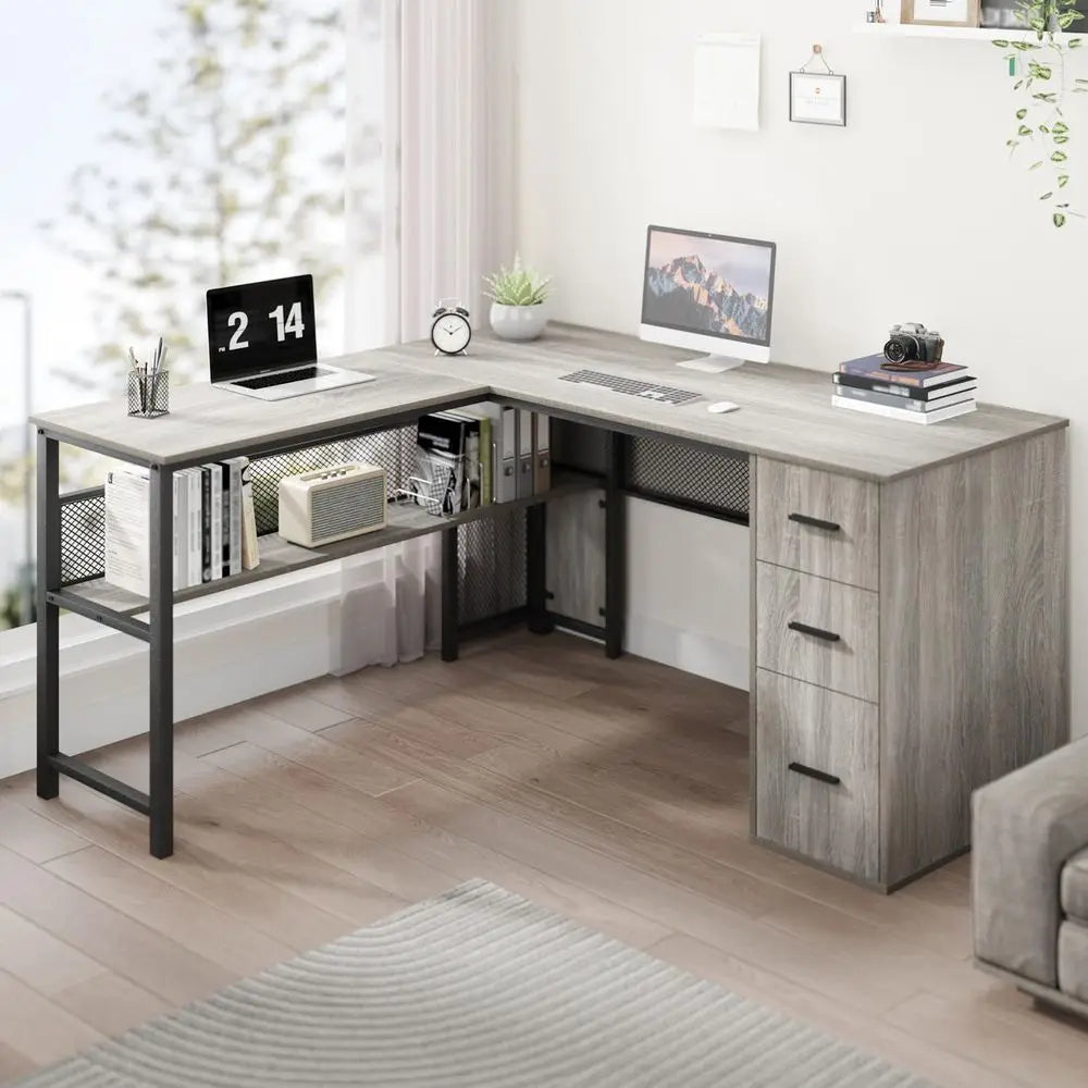 Gray L-Shaped Desk with Drawers, Large Workstation, Storage Shelves, Light Grey Oak, 59 Inch