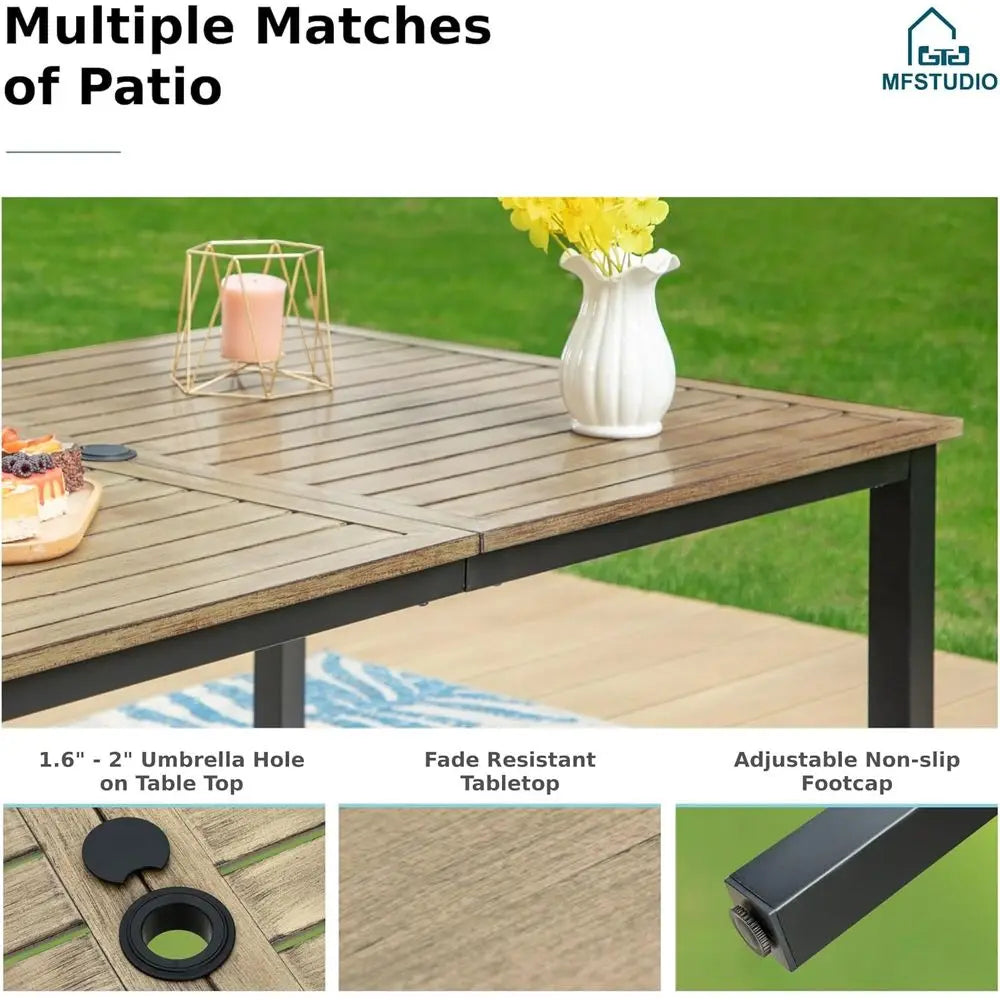 64X38 Outdoor Patio Dining Table with Wood-Like Tabletop and Adjustable Umbrella Hole for Deck, Backyard, Lawn, Garden