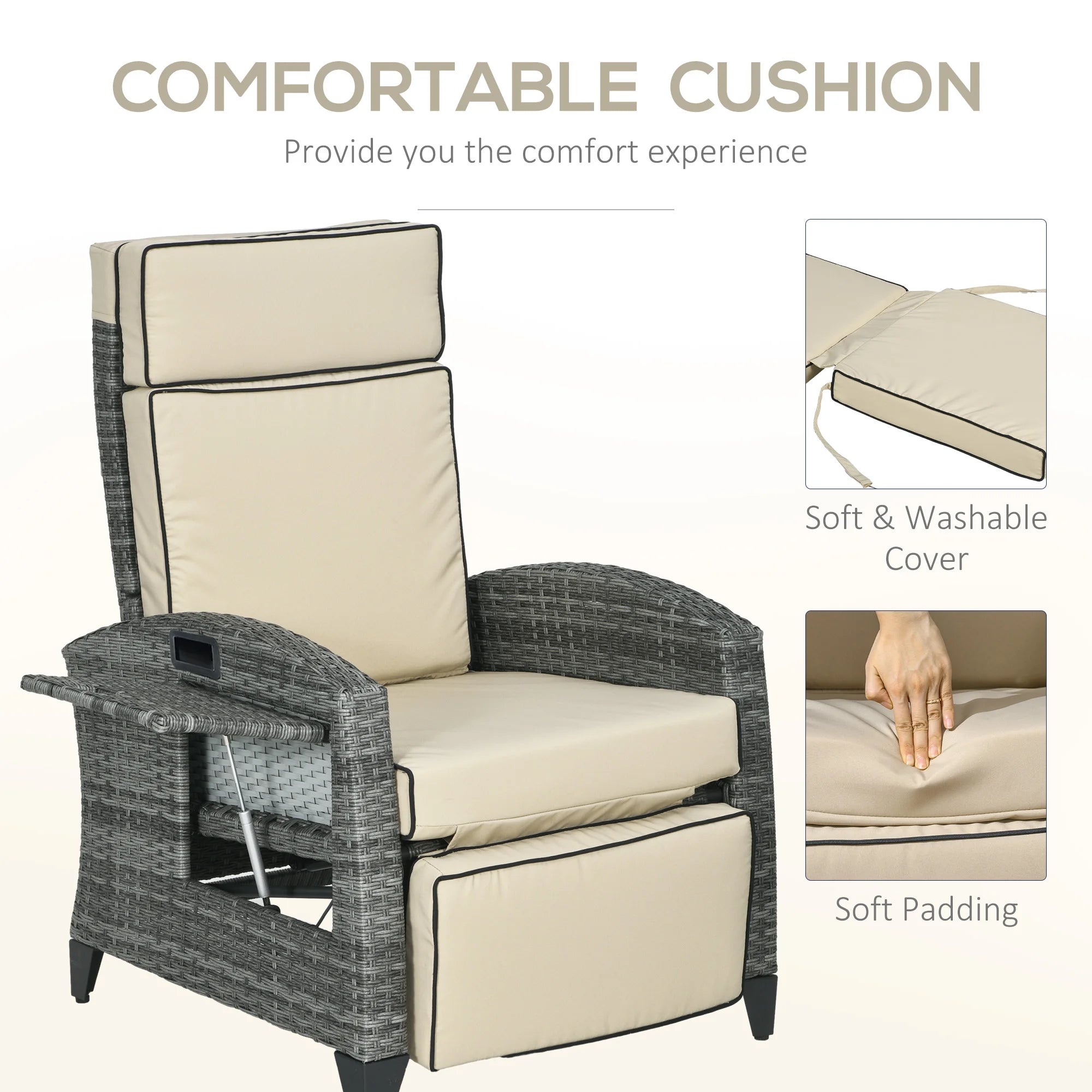 Outdoor Recliner Chair with Adjustable Backrest, Cushion, Khaki