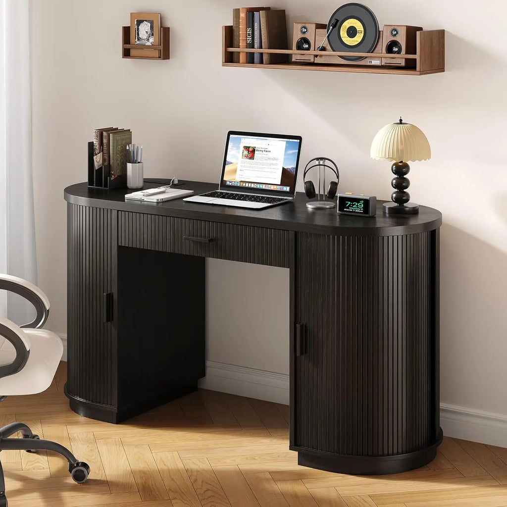 58 Inch Fluted Executive Computer Desk with Drawers & Charging Station - Mid Century Modern Storage Desk for Home Office, Living Room, Bedroom - Free Shipping - Black