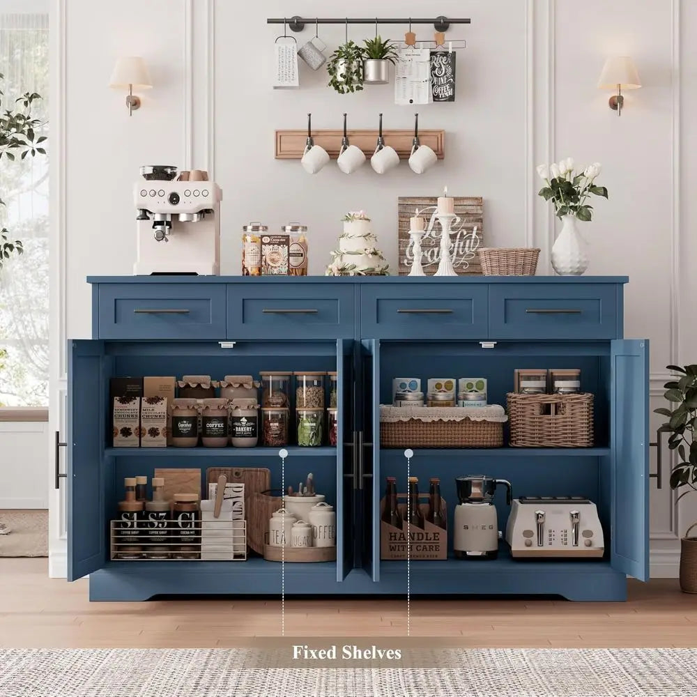 60 High Large Sideboard with Storage, 36 Tall Kitchen Buffet Cabinet with 4 Drawers, Elegant Coffee Bar Cabinet with Black Handl