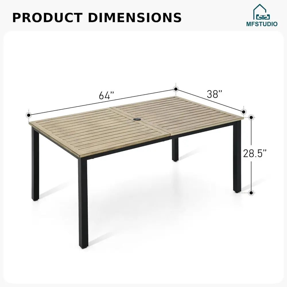 64X38 Outdoor Patio Dining Table with Wood-Like Tabletop and Adjustable Umbrella Hole for Deck, Backyard, Lawn, Garden