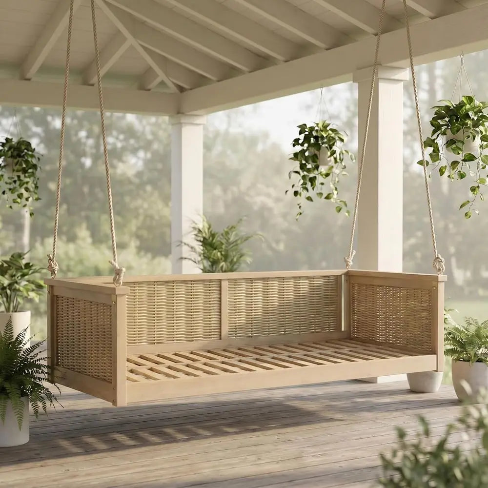Durable 350Lb Capacity Rattan Swing Bed for Outdoor Use - Ideal for Porch, Backyard, Poolside, and Garden in Light Teak Finish
