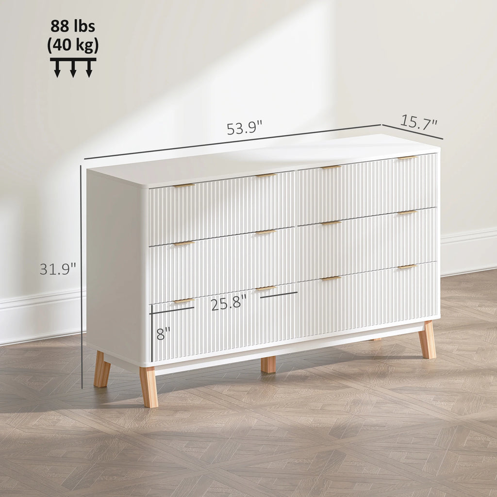 Fluted Dresser for Bedroom with 6 Drawers, 54" Wide Chest of Drawers with Gold Finger Pulls and 5 Wood Legs, White