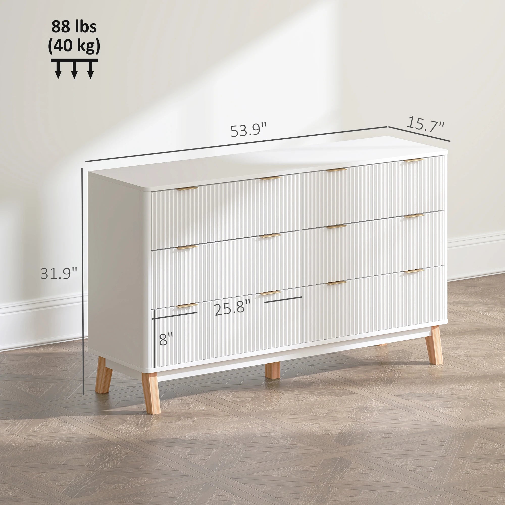 Fluted Dresser for Bedroom with 6 Drawers, 54" Wide Chest of Drawers with Gold Finger Pulls and 5 Wood Legs, White