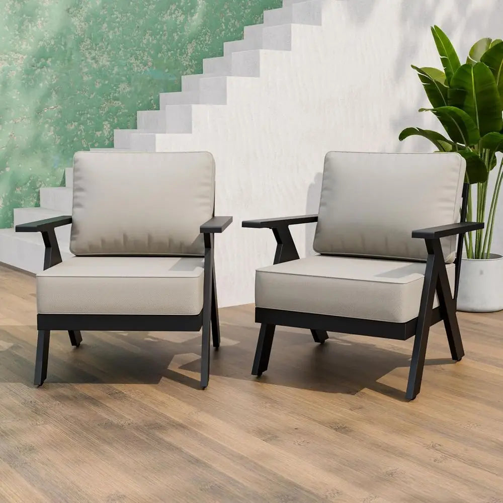2-Piece Outdoor Metal Patio Furniture Set with Cushions, Weather-Resistant Armchairs for Balcony, Porch, Deck, Black/Beige